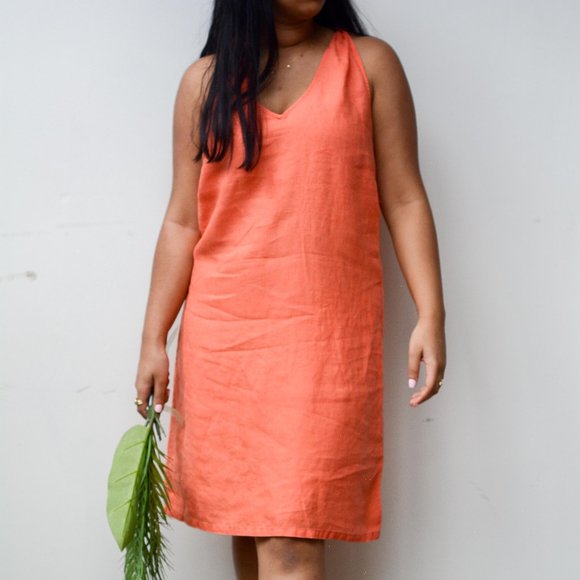 Orange Tie Back Linen Dress - Picture 1 of 9